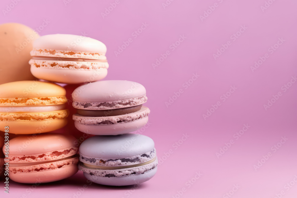 Delicious macaroons on a pastel purple background with free space for
