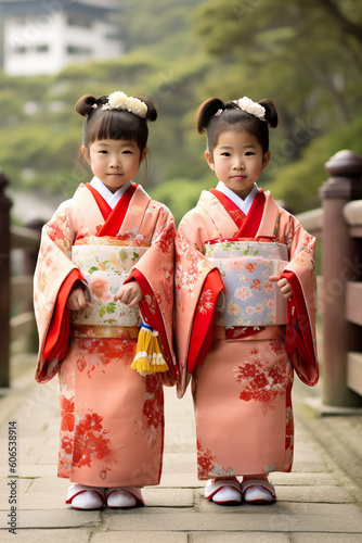 Two little girls in kimono standing on a bridge. Generative AI. Shichi-Go-San festival day.