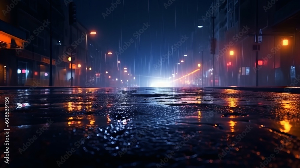 Wet asphalt, reflection of neon lights, a searchlight, smoke. Abstract light in a dark empty street with smoke, smog. Dark background scene of empty street, night view, night city, Generative AI