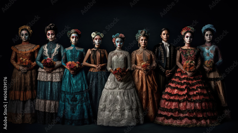 A group of women dressed up in costumes. AI generative. Day of the Dead picturesque display