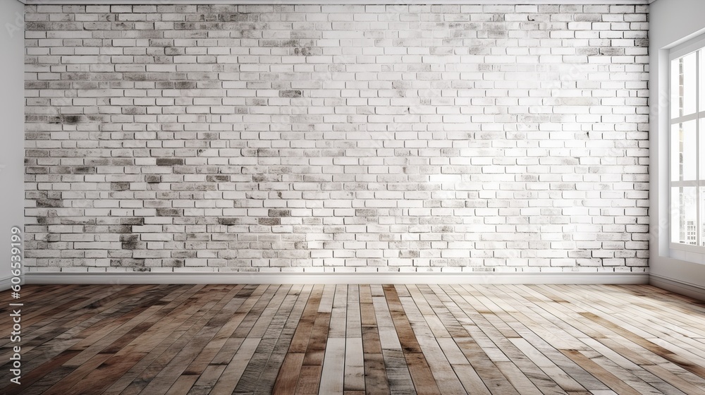 white bricks wall and wood floor - empty room with floor - empty room with wall and floor, Generative AI white bricks wall and wood floor - empty room with floor - empty room with wall and floor, Generative AI