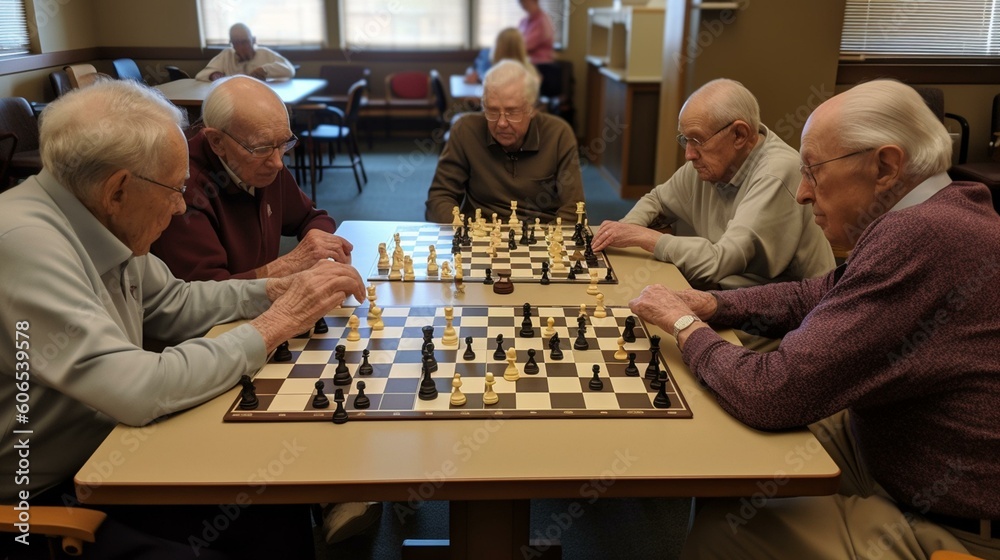 A group of seniors gathered together for a game of chess, enjoying each other's company and sharp minds. Generative AI - obrazy, fototapety, plakaty 