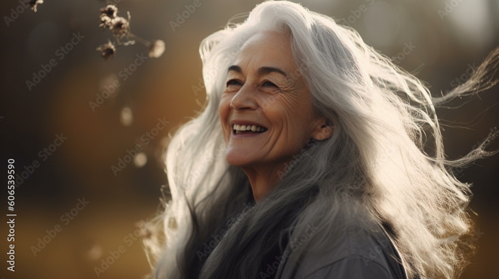 A beautiful older woman with flowing silver hair and a radiant smile, enjoying the beauty of nature. Generative AI A beautiful older woman with flowing silver hair and a radiant smile, enjoying the beauty of nature. Generative AI