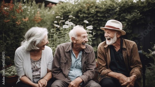 A group of senior friends laughing and enjoying each other's company in a beautiful garden. Generative AI