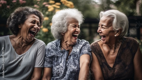 A group of senior friends laughing and enjoying each other's company in a beautiful garden. Generative AI