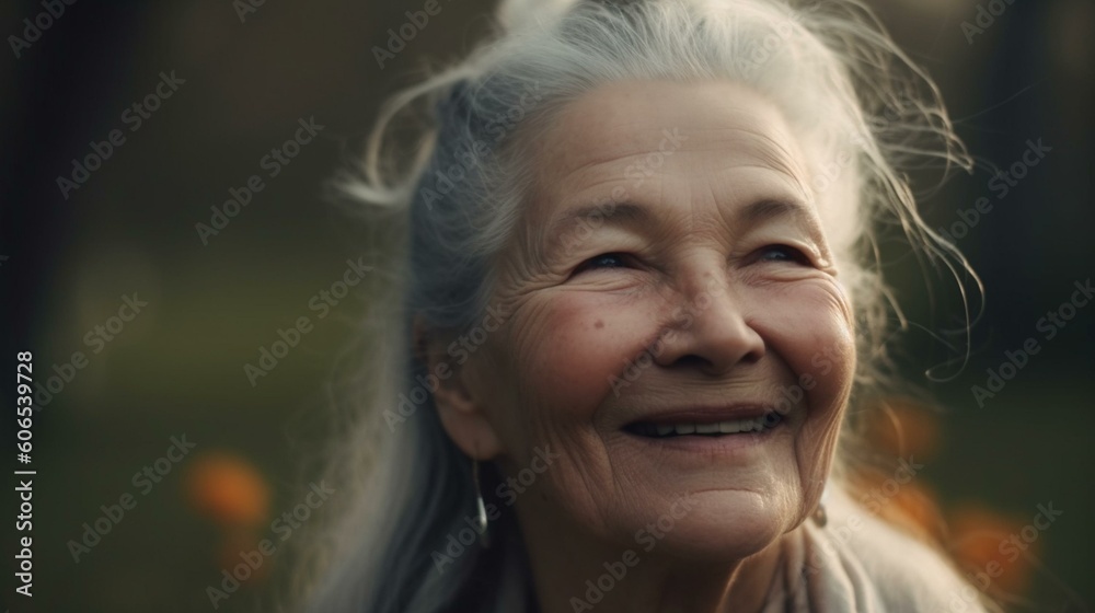 A beautiful older woman with a serene smile, enjoying a moment of peace and tranquility. Generative AI A beautiful older woman with a serene smile, enjoying a moment of peace and tranquility. Generative AI
