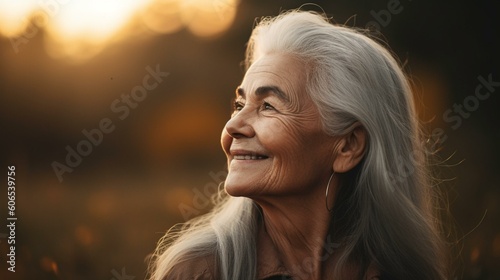 A beautiful older woman with a serene smile, enjoying a moment of peace and tranquility. Generative AI