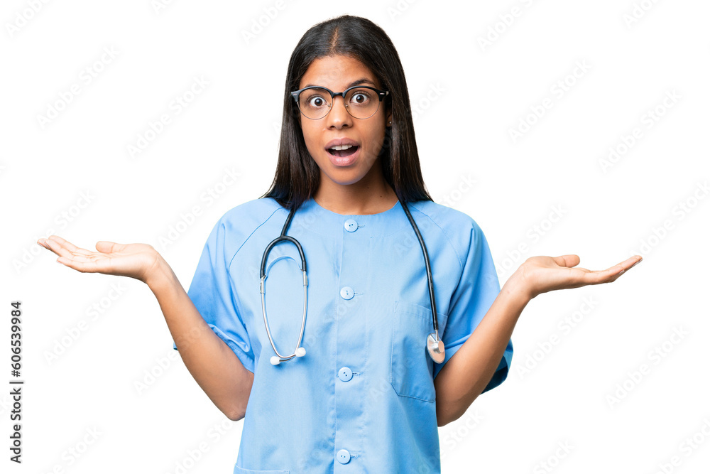Young African american nurse woman over isolated background with shocked facial expression Young African american nurse woman over isolated background with shocked facial expression