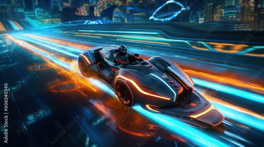 Fototapeta premium Illustrate a high - octane futuristic racing scene, featuring sleek hovercraft or hyper - fast vehicles speeding through neon - lit tracks with twists, turns, and challenging obstacles