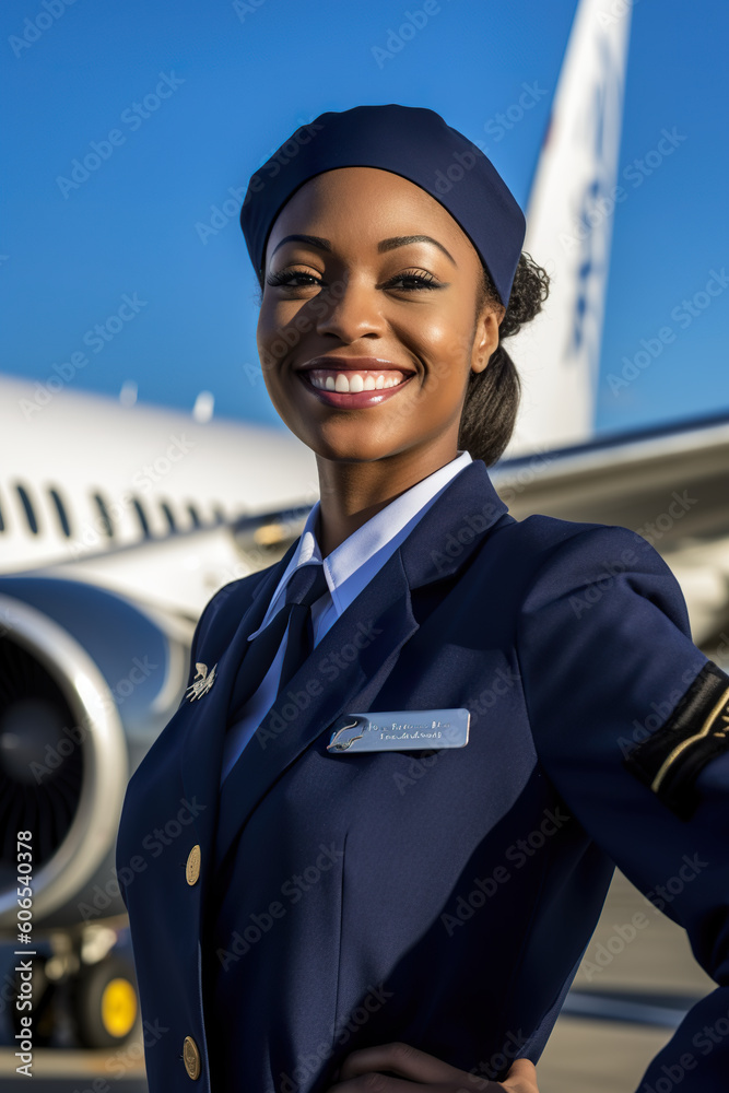 A woman in uniform standing in front of an airplane. Generative AI. Portrait of a flight attendant. A woman in uniform standing in front of an airplane. Generative AI. Portrait of a flight attendant.