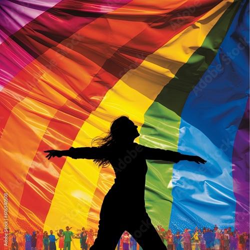 A woman is dancing in front of a rainbow flag photo