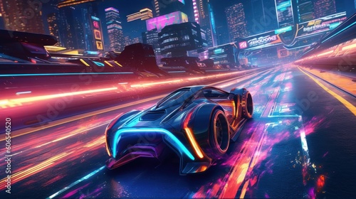 Illustrate a high - octane futuristic racing scene, featuring sleek hovercraft or hyper - fast vehicles speeding through neon - lit tracks with twists, turns, and challenging obstacles