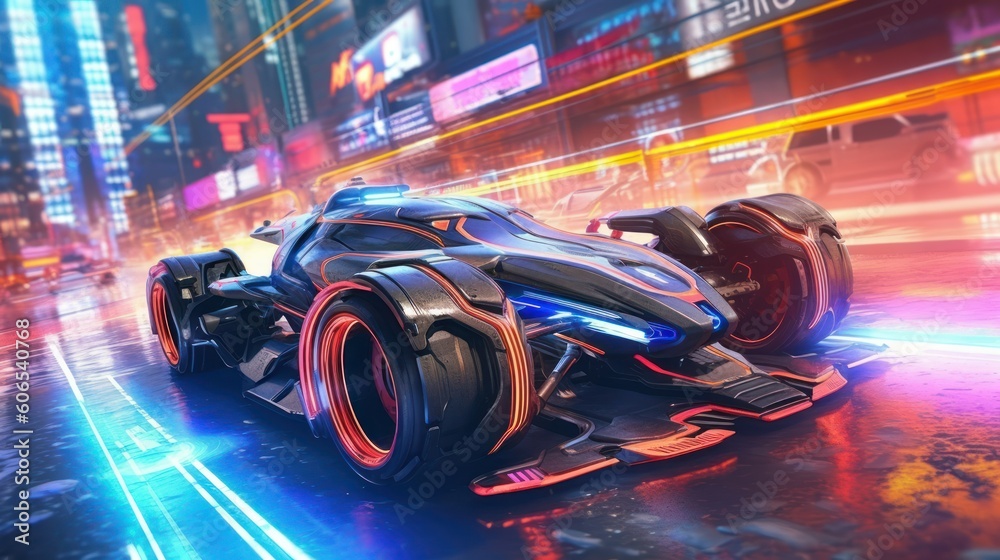 Illustrate a high - octane futuristic racing scene, featuring sleek hovercraft or hyper - fast vehicles speeding through neon - lit tracks with twists, turns, and challenging obstacles Illustrate a high - octane futuristic racing scene, featuring sleek hovercraft or hyper - fast vehicles speeding through neon - lit tracks with twists, turns, and challenging obstacles