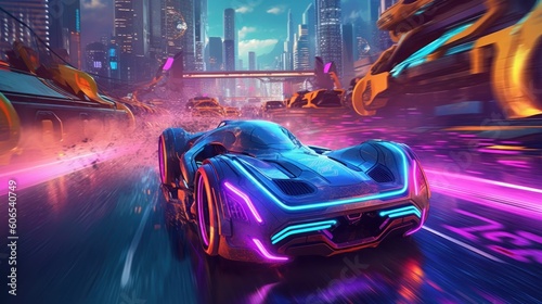 Illustrate a high - octane futuristic racing scene, featuring sleek hovercraft or hyper - fast vehicles speeding through neon - lit tracks with twists, turns, and challenging obstacles © Damian Sobczyk