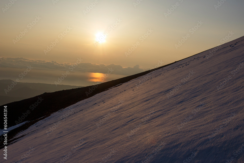 lake view at sunrise time from high snowy mountains
