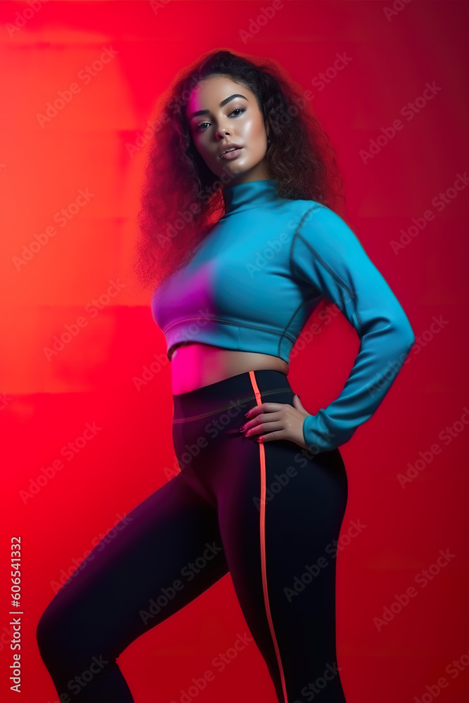 A woman in a blue top and black leggings. Generative AI. A woman in a blue top and black leggings. Generative AI.