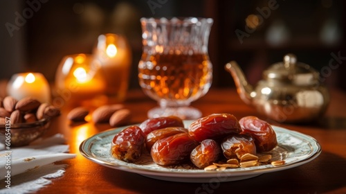 almonds stuffed into dates, displayed on a decorative plate with a cup of tea in the background