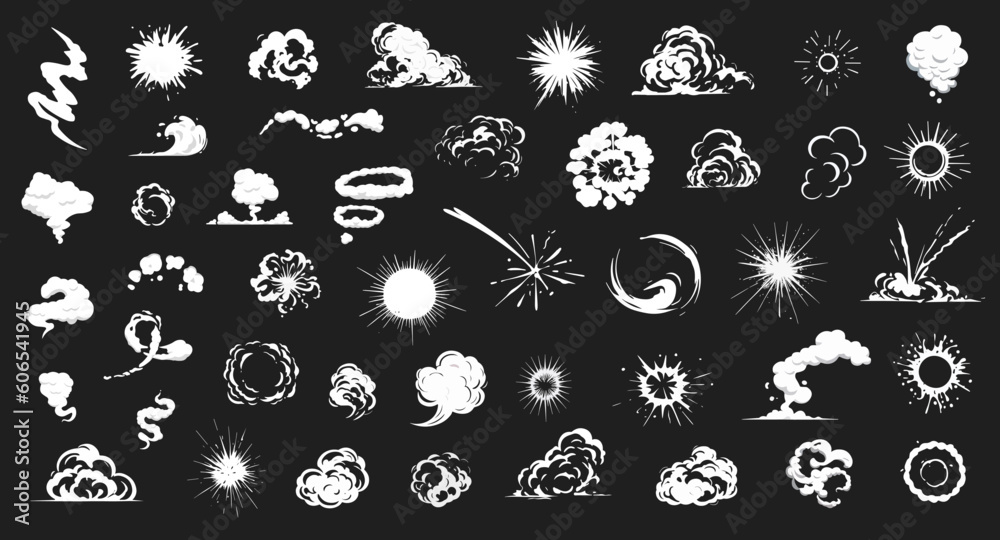 Explosion, burst fire effect of exploded dynamite or nuclear bombs with energy flashes, dust splashes and smoke clouds cartoon collection. Vector illustration