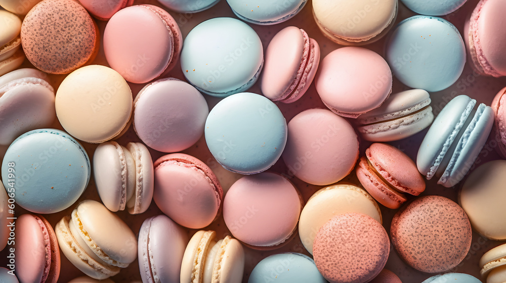 A top view shot of a textured pattern of assorted macarons in pastel colors, ai generative A top view shot of a textured pattern of assorted macarons in pastel colors, ai generative