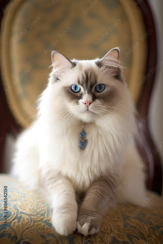 A white cat with blue eyes sitting on a chair. Generative AI.