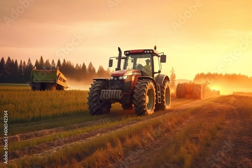 Modern Tractor Working at Sunset, Village Life