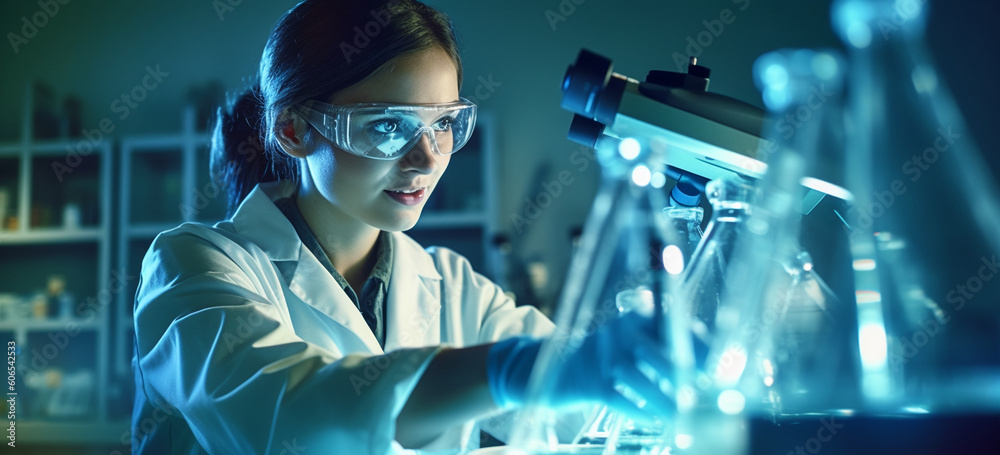 woman working with microscope in a lab. Image Generative AI. woman working with microscope in a lab. Image Generative AI.