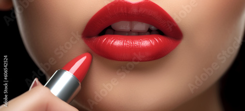 close up of lips with red lipstick.Fashion concept. Image Generative AI.