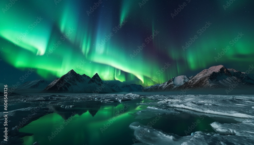 Northern lights above the mountains. Aurora borealis. Night landscape with Aurora Borealis. The arctic and Northern light. beautiful view, Generative AI