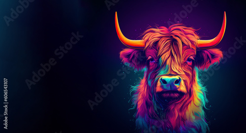 Highland cattle pop art style, bright colours, comic book, Created using generative AI tools.
