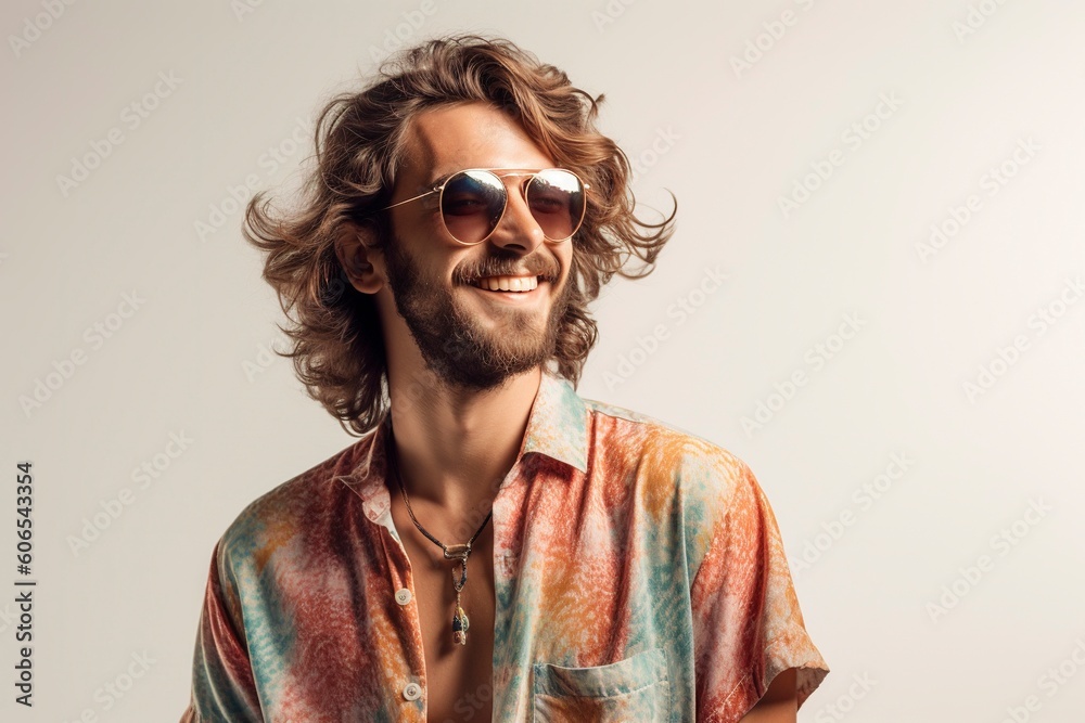 A man with a beard and sunglasses, wears a colorful beach shirt. Ai generated. A man with a beard and sunglasses, wears a colorful beach shirt. Ai generated.