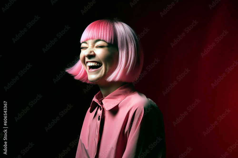 A short-haired blonde woman model laughs at a joke, isolated in studio. Ai generated.