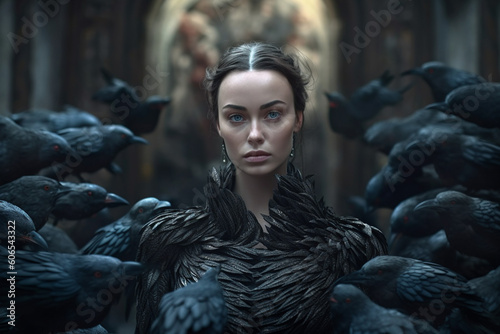 Fantasy portrait of a beautiful young woman playing a heroine surrounded by crow like birds in a sword and sorcery theme. photo