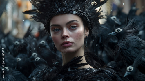 Fantasy portrait of a beautiful young woman playing a heroine surrounded by crow like birds in a sword and sorcery theme. photo