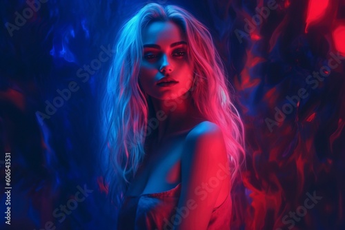 Illustration of a sexy woman wrapped in neon lights and spilled paint. Ai generated.