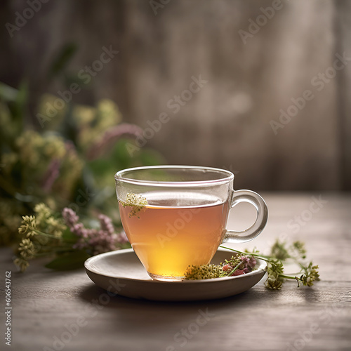 Herbal tea with flowers in glass cup on the table. AI generated