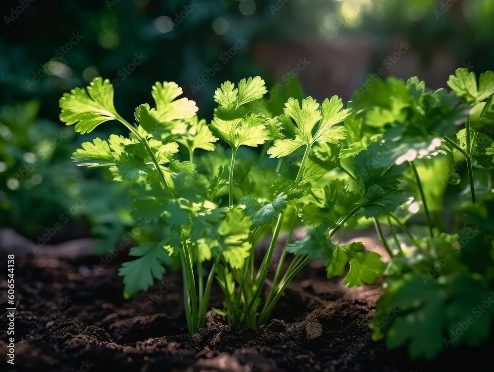 coriander plants growing in a garden, showcasing the leaves, stems, and