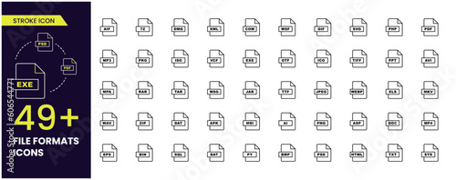 Documents File Format Line icons set. EPS, PDF, PSD, AI, XL, PPT, EXE etc., Editable stroke icons collection