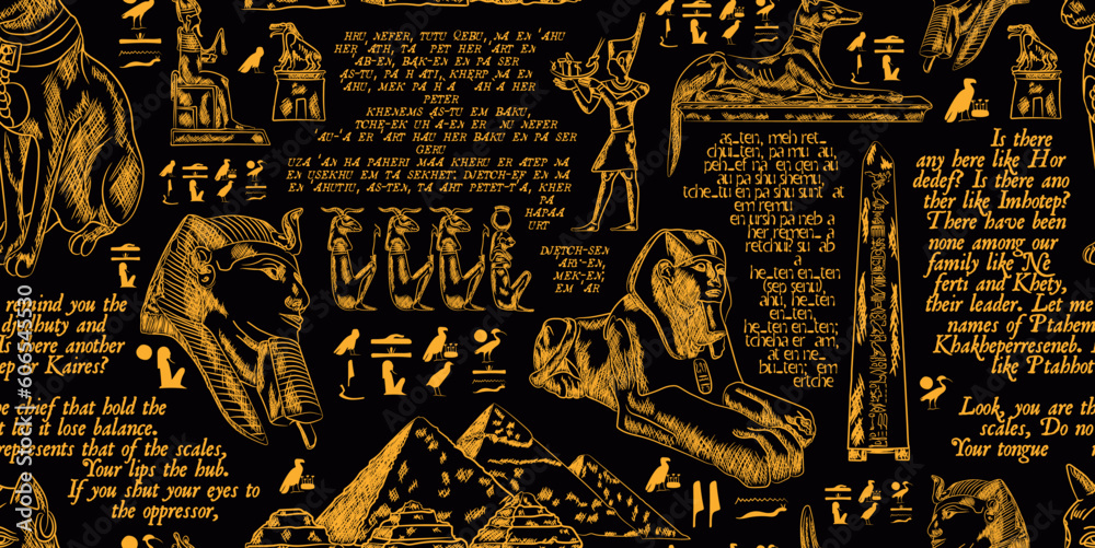 Foto Beautiful ancient egypt elements golden figures seamless pattern with black back