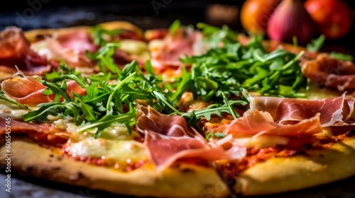 an arugula and prosciutto pizza, fresh out of the oven