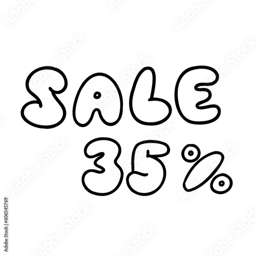 Hand written 35 percent sale black ink discount logo special offer lettering. Vector design illustration in bubble outline doodle style isolated on white background. For coupon, poster, promo, banner.