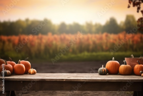 Closeup of an Empty Display Table with a Fall Pumpkin Background (Generative AI)