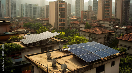 Illustration of a photovoltaic elements integrated an a roof of a building in an asian mega city, sustainable green engergy, ai-generatet photo