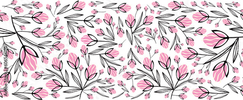 Pink vibrant floral seamless border, bright frame with pink tulip flowers
