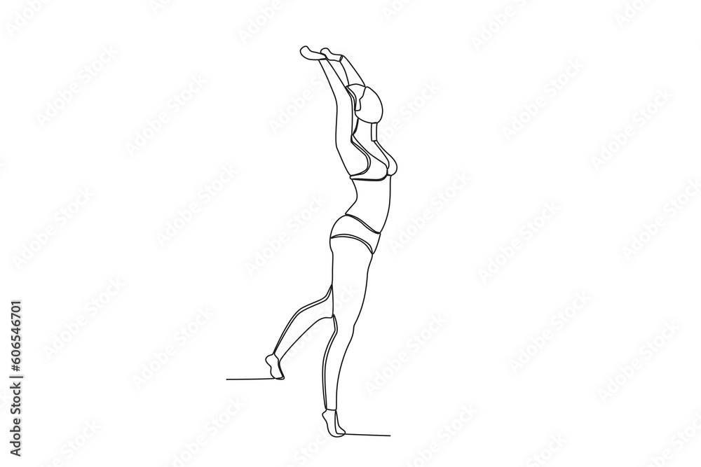 A woman playing volleyball wearing beach clothes. Beach volleyball one-line drawing