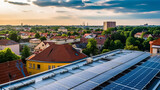 Illustration of a photovoltaic elements integrated an a roof of a building in an european city, sustainable green engergy, ai-generatet
