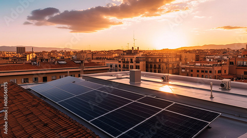 Illustration of a photovoltaic elements integrated an a roof of a building in an european city, sustainable green engergy, ai-generatet photo