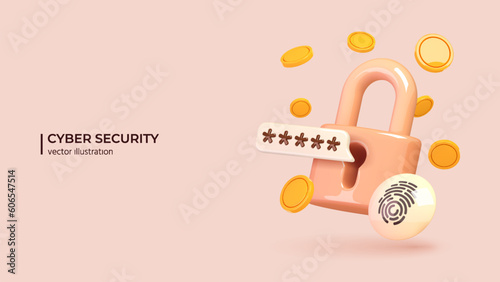 Data protection, safety, encryption, protection, privacy concept. Realistic 3d design of padlock, lock with password. The personal data protection. Vector illustration in cartoon minimal style.