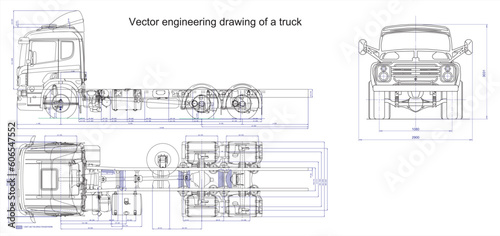 Vector engineering drawing of a truck with dimensional lines
and numerical values of vehicle dimensions.
Cad scheme. Mechanical background. Design documentation.