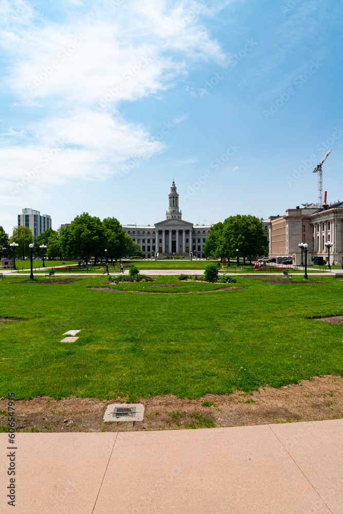 View of the Civic Center Park in Denver, Colorado on a sunny afternoon