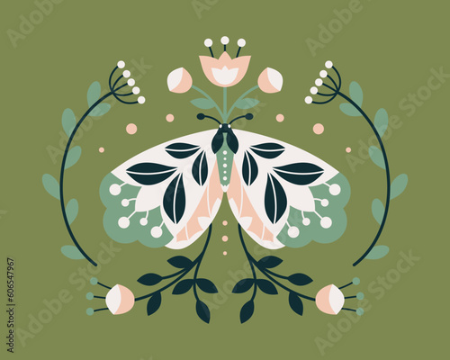 Abstract symmetrical vector illustration. Colorful folk art moth with flowers, leaves in flat style on green background